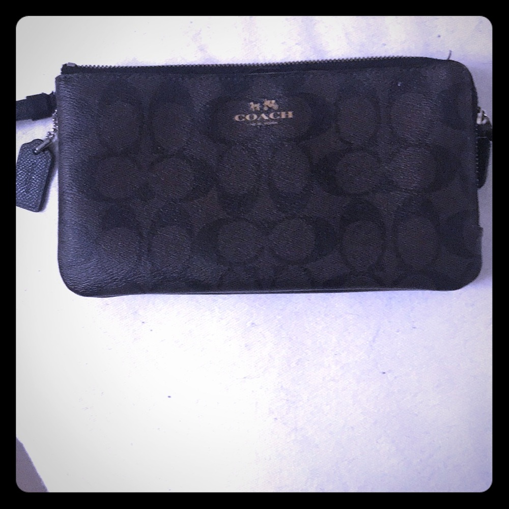 Coach Brown Black Signature Double Zip PVC Wallet